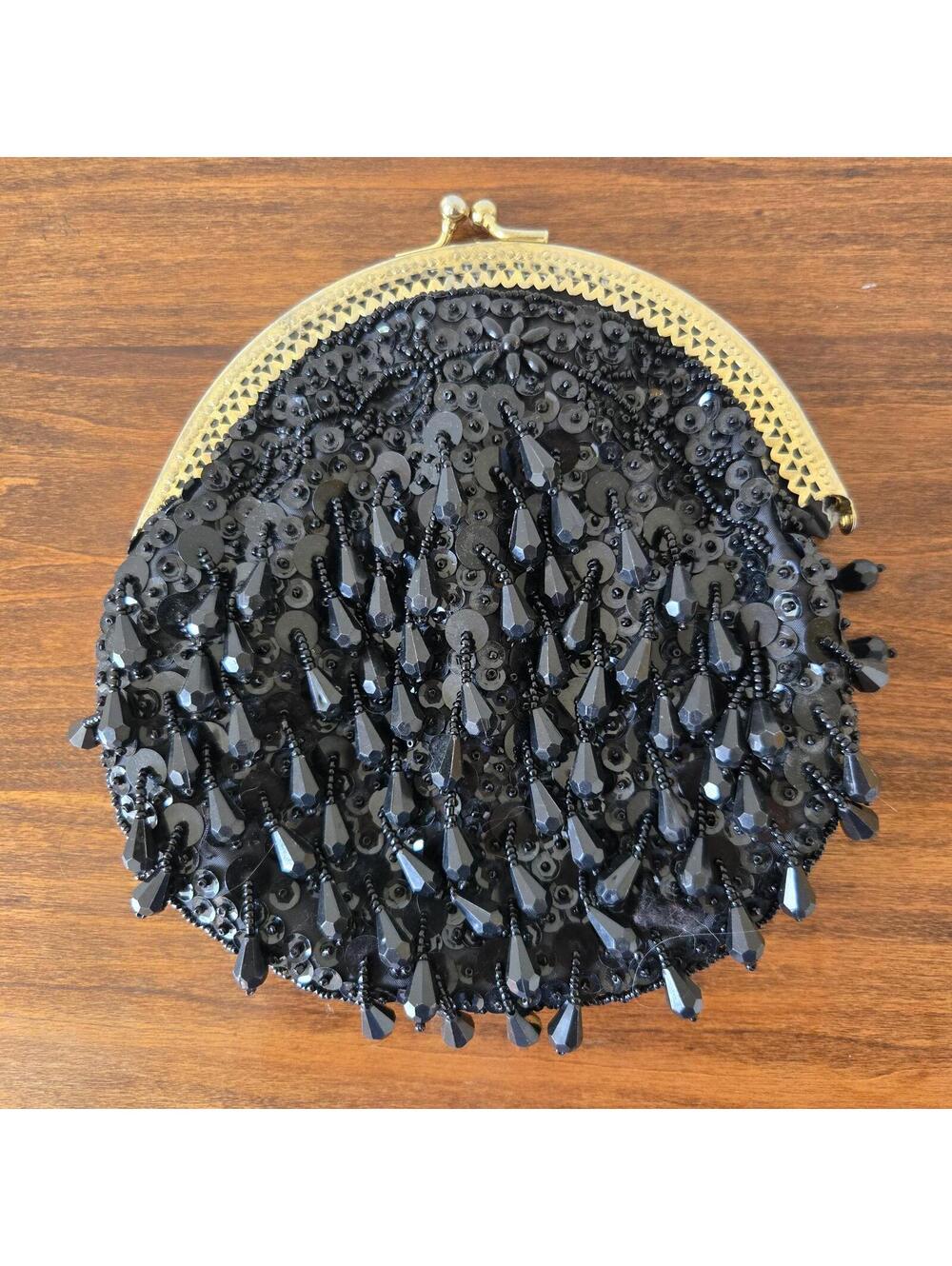 Vintage La Regale Style Black Beaded Round Clutch Wedding Guest